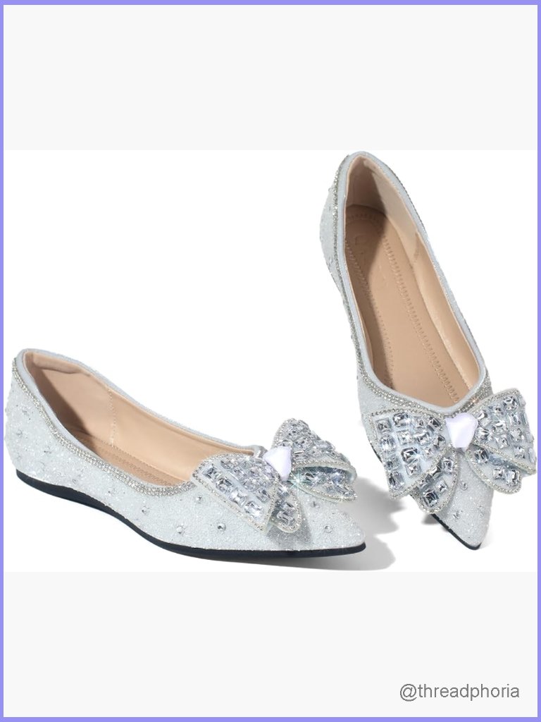 Women's Sequin Diamond Bow Pointed Toe Flats - Lightweight Slip On Dress Shoes